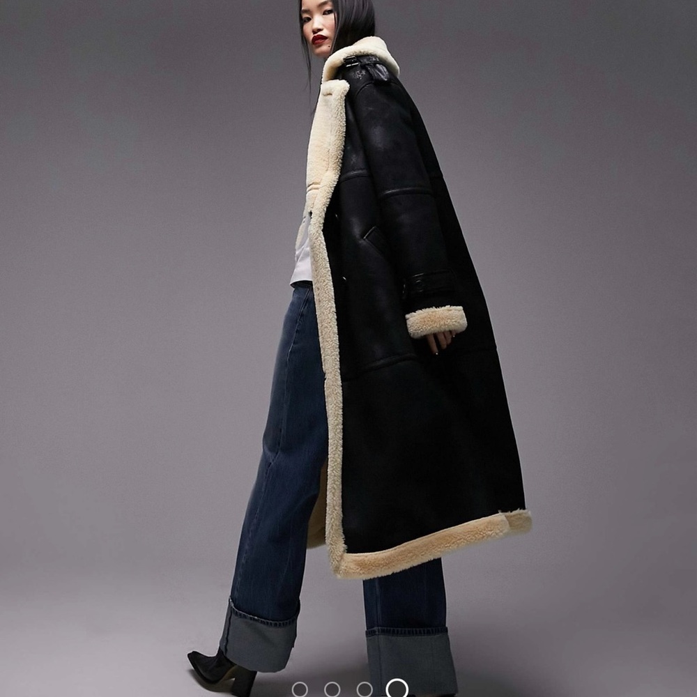 Top Shop Sherpa Leather Long Coat - Picture 4 of 5